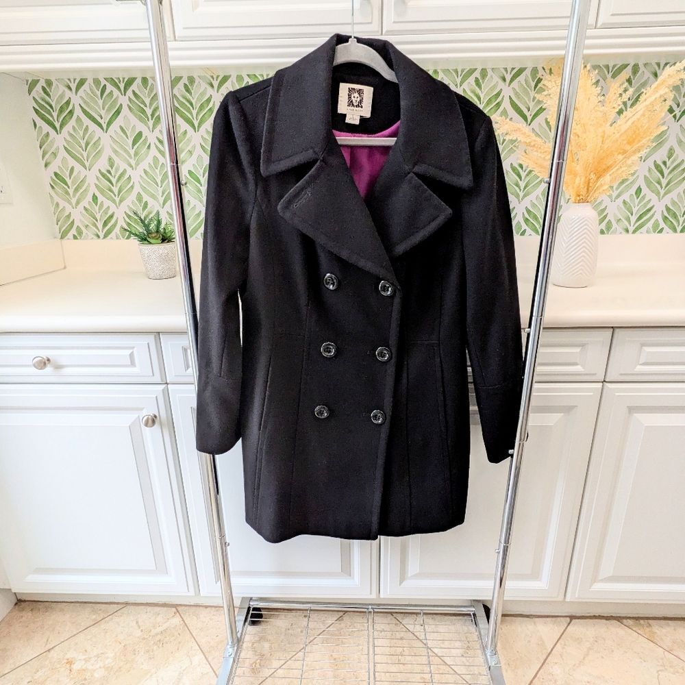 Black Anne Klein Double Breasted Wool Coat Large Winter Peacoat Classic Preppy - Picture 2 of 8